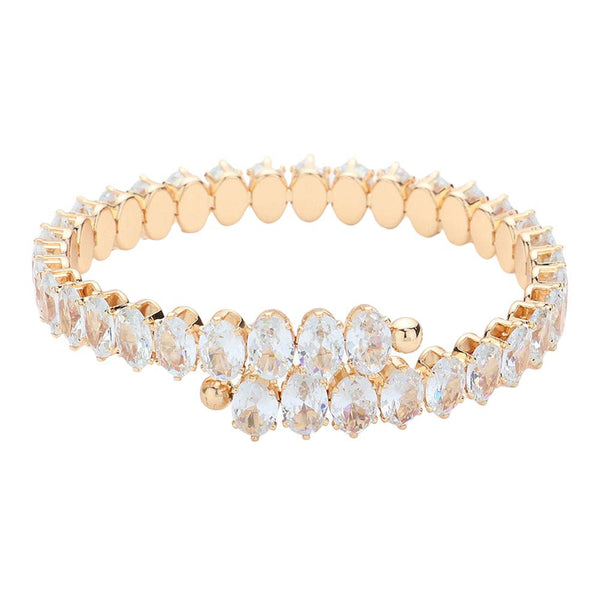 Gold Heart CZ Stone Cluster Adjustable Evening Bracelet. Indulge in luxury with the intricate design features shimmering CZ stones arranged in a romantic heart shape, all on an adjustable band for the perfect fit. This bracelet is perfect for any kind of special occasion, prom night, etc. Elevate any evening look with this.