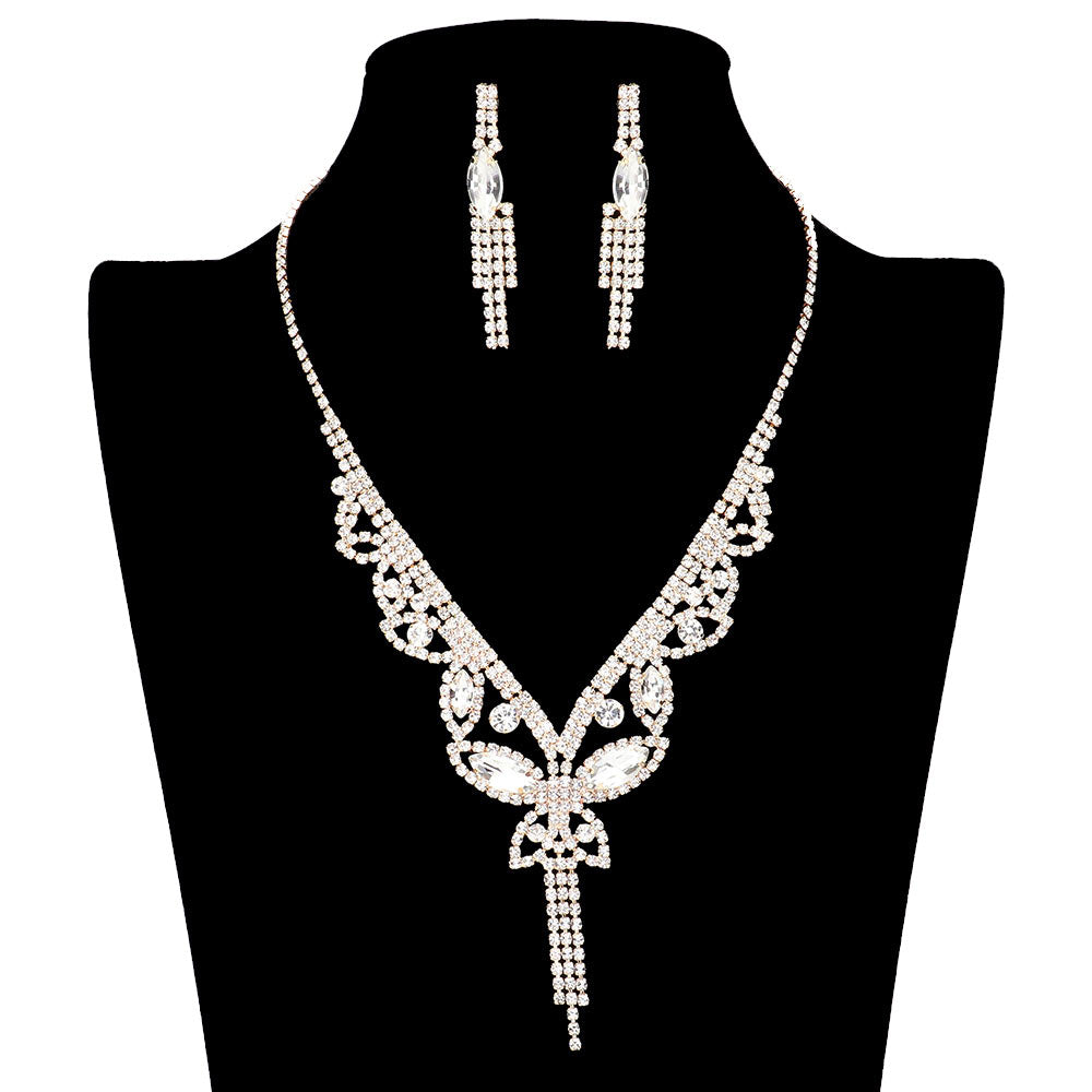 Gold Marquise Round Stone Butterfly Rhinestone Jewelry Set, is crafted using marquise stones and delicate rhinestones, perfect for adding some sparkle to your look. The set includes an adjustable necklace, earrings, and bracelet, making it a perfect accessory for any special occasion outfit. Perfect gift idea.
