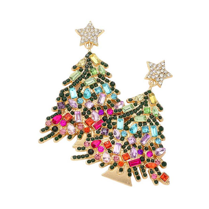 Multi Gold Star Christmas Tree Link Dangle Earrings, These stylish  Earrings offer an eye-catching accessory for the holiday season. Crafted with an elegant link design, the earrings feature a shining star and Christmas tree silhouette with crystal accents for an extra sparkle. Show off your festive spirit with this chic jewelry.