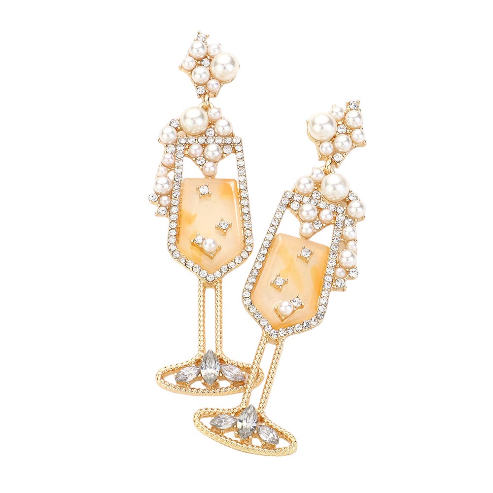 Gold Pearl Embellished Champagne Glass Dangle Earrings, Upgrade your style with our elegant earrings. Each earring features a luxurious pearl embellishment, adding a touch of sophistication to any outfit. These earrings are perfect for special occasions or elevating your everyday look. Make a statement with these.