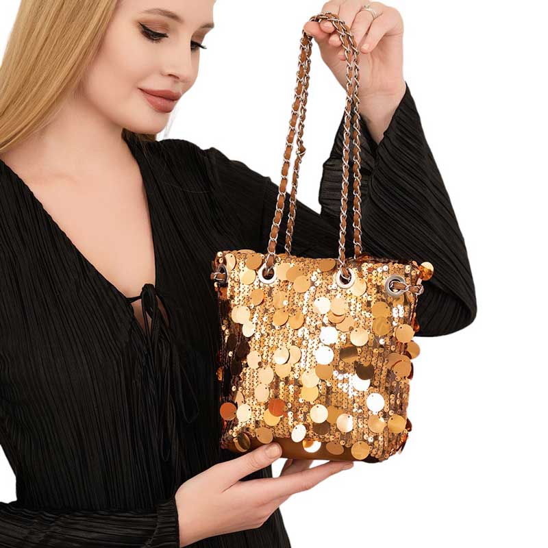 Gold Transform any outfit from basic to glam with our Sequin Embellished Bucket Bag! The cascading sequins catch the light and add a touch of sparkle to your look. Carry all your essentials in style and turn heads wherever you go. Elevate your fashion game with this must-have accessory.
