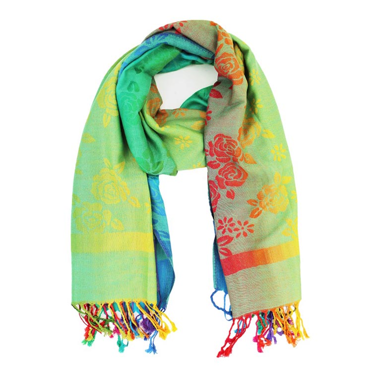 Green Colorful Flower Printed Pashmina Scarf Shawl, Perfect addition to any outfit. Made of high-quality materials, this scarf is not only stylish but also soft and comfortable to wear. The colorful flower print adds a touch of elegance to your look, making it a must-have accessory. Perfect gift choice for someone you love