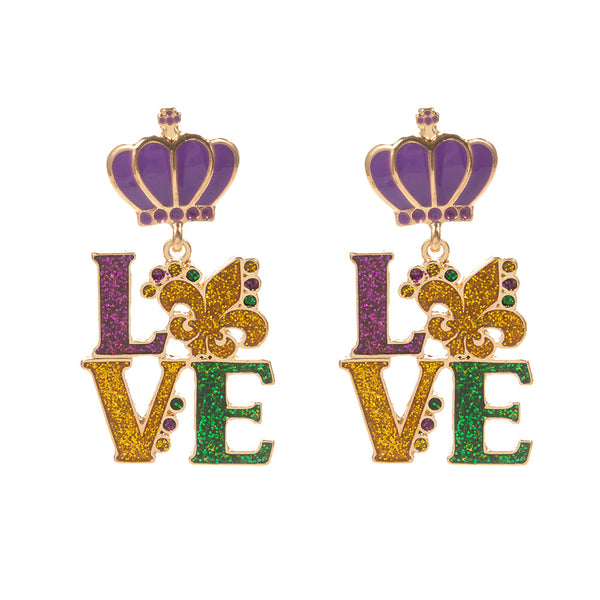 Glittered Enamel Mardi Gras LOVE Message Dangle Earrings are the perfect accessory for any Mardi Gras celebration. The glittered enamel adds a subtle sparkle, while the dangle design creates a playful, eye-catching look. Show your love for Mardi Gras in style with these vibrant earrings.