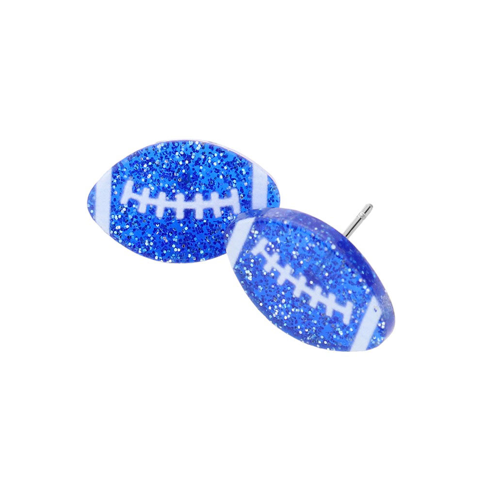 Glittery Blue Football Game Day Resin Stud Earrings, Show your football team spirit with these fashionable earrings. Featuring resin material with a football shape, these earrings give you a fashionable way to show off your loyalty to your favorite team. With a lightweight design, they're sure to be a fan favorite.