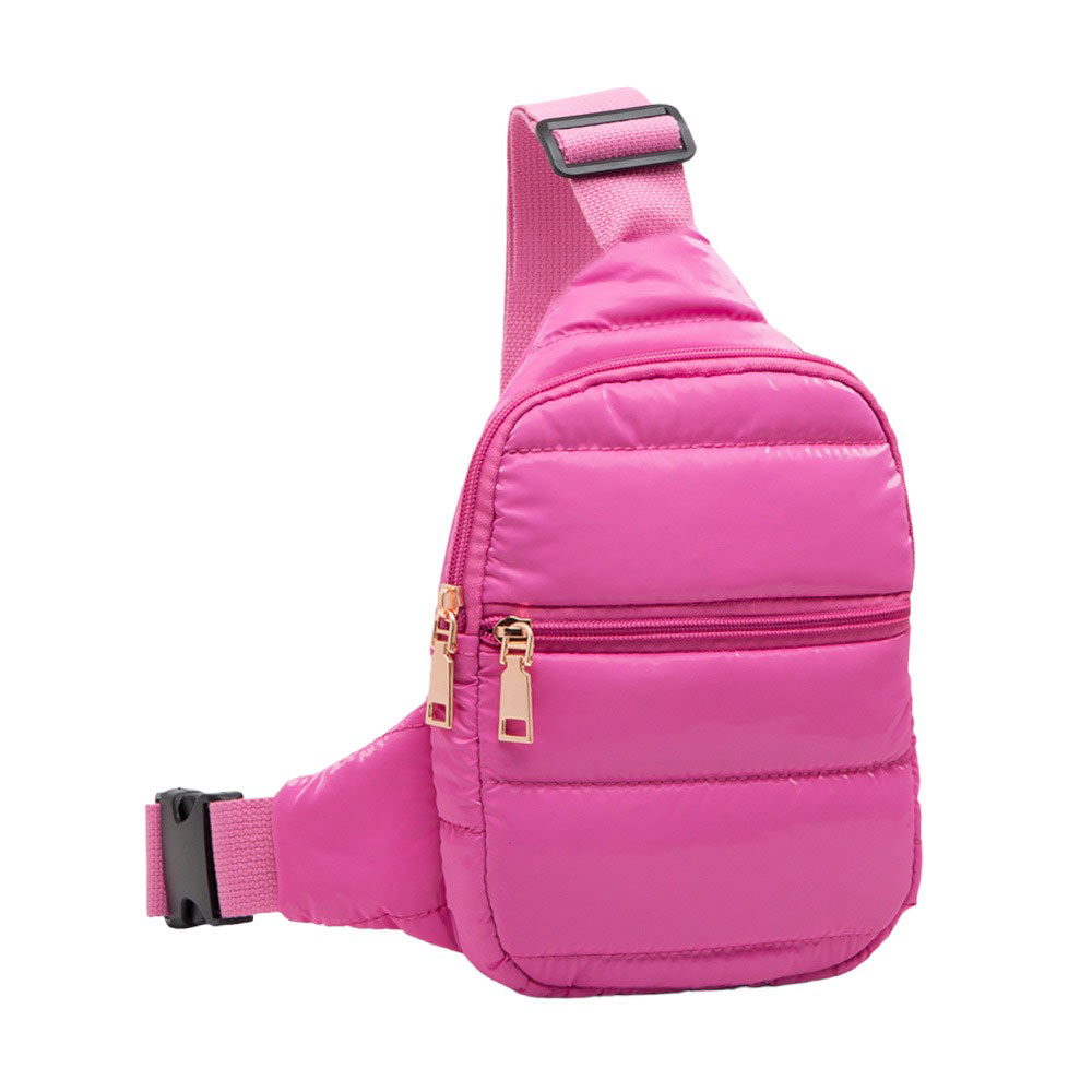 Glossy Fuchsia Solid Puffer Mini Sling Bag, be the ultimate fashionista while carrying this Solid Puffer Sling bag in style. It's great for carrying small and handy things. Keep your keys handy & ready for opening doors as soon as you arrive. The adjustable lightweight features room to carry what you need for long walks or trips.