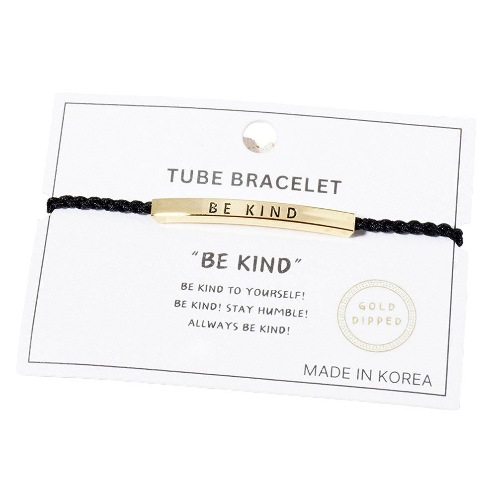 Gold-Dipped BE KIND Message Bar Pointed Rope Adjustable Cinch Pull Tie Bracelet is a stylish and meaningful accessory. The dipped message bar serves as a reminder to always spread kindness and the adjustable pointed rope design allows for a perfect fit. Made with quality materials for lasting wear. 
