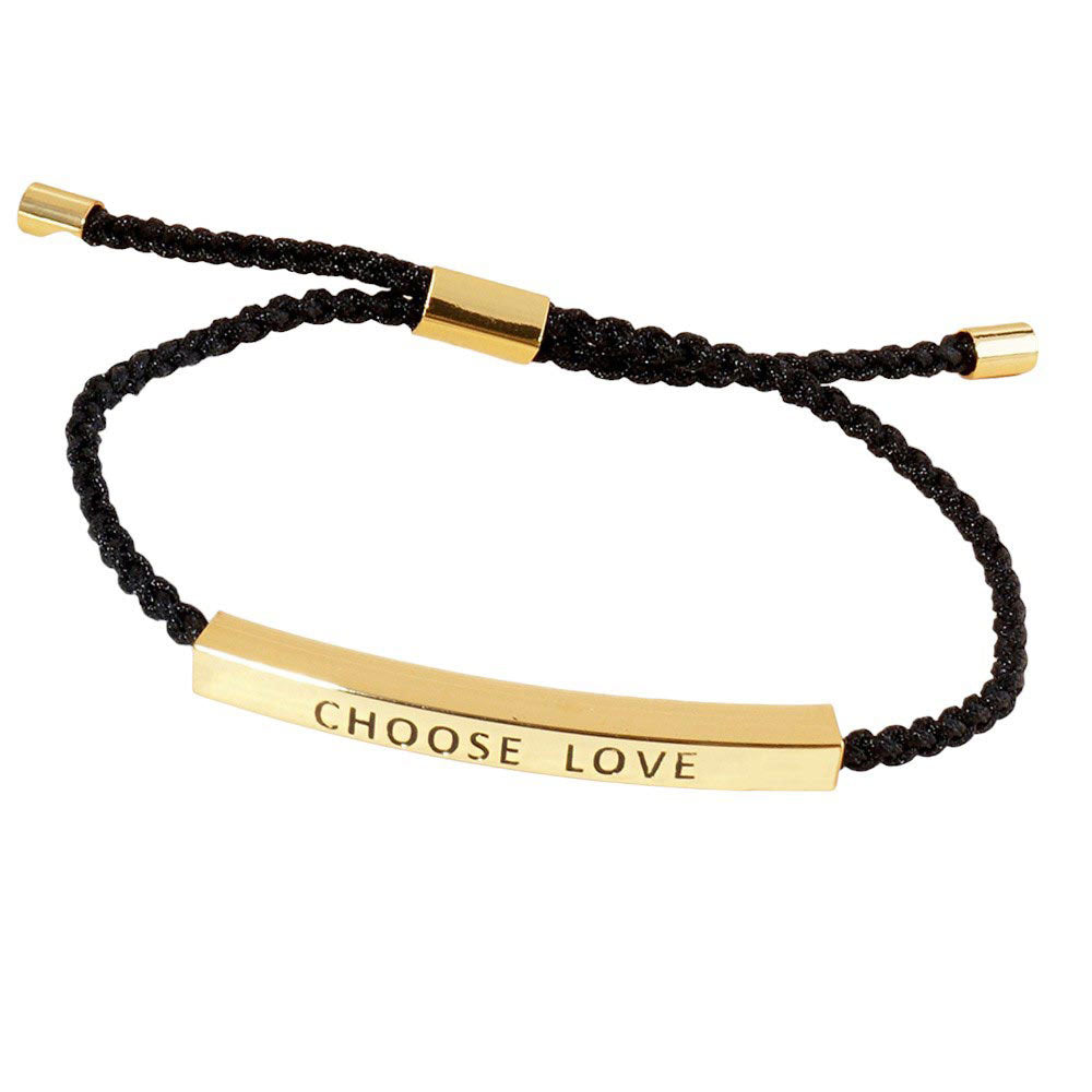 Gold-Dipped Bar Pointed Rope Cinch Pull Tie Bracelet is a versatile and stylish addition to any outfit. The adjustable cinch pull tie allows for a customizable fit, while the white gold dipped CHOOSE LOVE message adds a positive and meaningful touch. Perfect for expressing your personal style and spreading love. 