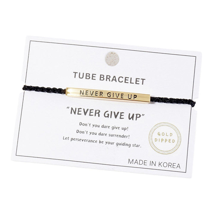 Gold-Dipped NEVER GIVE UP Message Bar Pointed Rope Adjustable Bracelet , This Bracelet  designed inspire you to never give up. With a motivational message inscribed on a sleek bar and a pointed rope design, this bracelet is a stylish reminder to persevere through any challenge. 