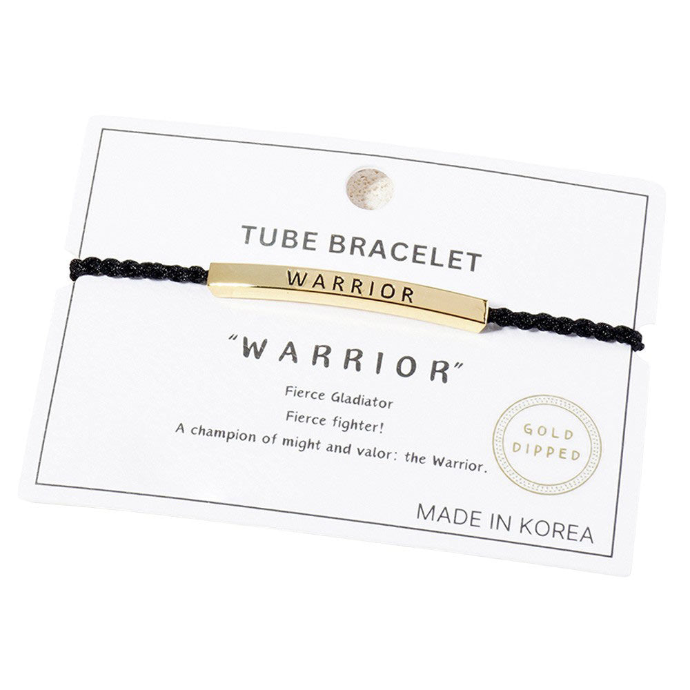 Gold-Dipped WARRIOR Message Bar Pointed Rope Adjustable Cinch Pull Tie Bracelet, Featuring an adjustable cinch pull tie, it provides both style and functionality. With a dipped WARRIOR message bar and pointed rope design, this bracelet is the perfect accessory for any occasion.