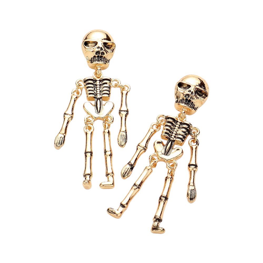 Gold Halloween Skeleton Earrings, Made with high-quality materials, these earrings are lightweight and comfortable to wear. Perfect for both adults and children, these earrings will add a fun and eerie element to your look. Add a spooky touch to your Halloween costume with our attractive earrings.
