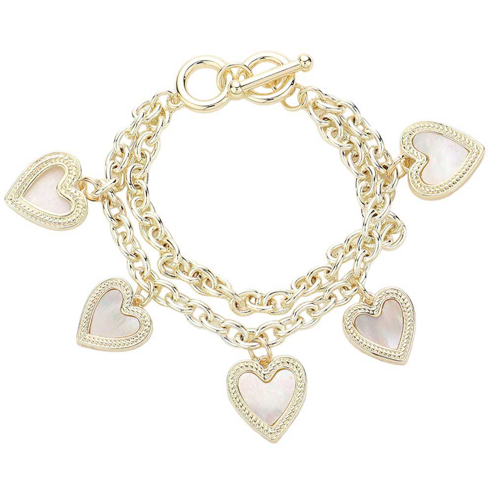 Black Mother Of Pearl Heart Charm Layered Toggle Bracelet, Discover the elegance. This bracelet features stunningly intricate mother of pearl heart charms that exude sophistication and timeless beauty. The layered design adds a unique touch to this classic piece, making it the perfect accessory for any occasion.