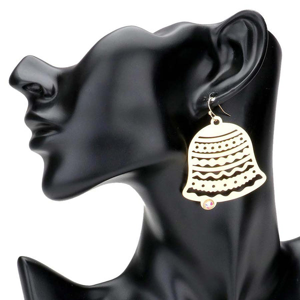 Gold--Stone Embellished Brass Metal Jingle Bell Dangle Earrings. Perfect addition to any outfit. Made from high-quality materials, these earrings are both stylish and durable. The stone embellishments add a touch of sophistication, while the jingle bells add a fun and festive element. Perfect for any occasion.