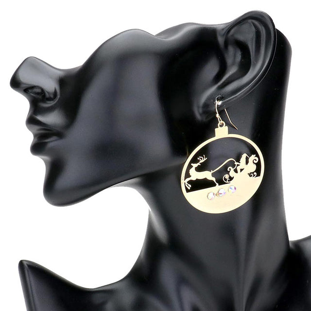 Gold---Stone Embellished Cut Out Santa Claus Brass Metal Round Dangle Earrings, A beautiful stone embellishment and cut-out design, making them the perfect festive accessory. The stones add a touch of sparkle to your holiday outfit, while the cut-out design adds a unique and charming touch. 