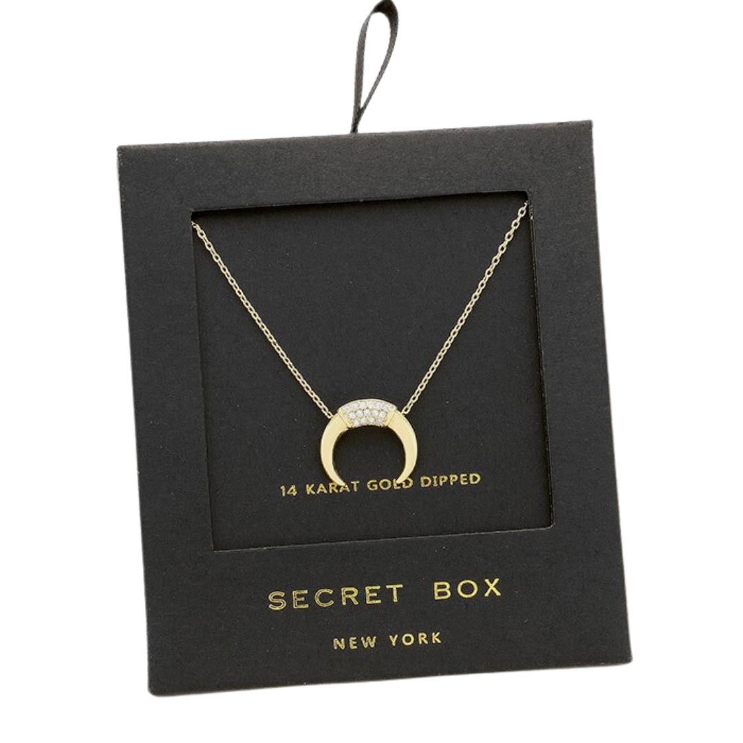 Gold 14K Gold Dipped Cz Horn Pendant Necklace With Secret Box, will surely amp up your beauty and show your perfect class anywhere, any time. Perfect Birthday Gift, Anniversary Gift, Mother's Day Gift, Anniversary Gift, Graduation Gift, Prom Jewelry, Just Because Gift, Thank You Gift, or Charm Necklace. Stay luxurious.