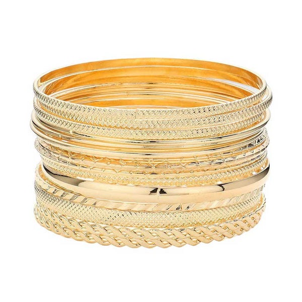 Gold 15PCS Layered Multi Metal Bangle Bracelets, Get ready to layer up with these 15 playful and unique Multi Metal Bangle Bracelets! The perfect addition to any outfit, these bracelets will add a touch of quirkiness and fun to your look. Mix and match to create a statement or wear individually for a simple stylish touch.