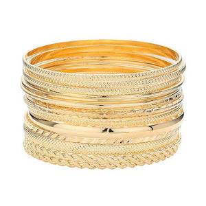 Gold 15PCS Layered Multi Metal Bangle Bracelets, Get ready to layer up with these 15 playful and unique Multi Metal Bangle Bracelets! The perfect addition to any outfit, these bracelets will add a touch of quirkiness and fun to your look. Mix and match to create a statement or wear individually for a simple stylish touch.