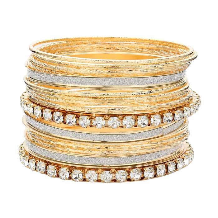 Gold Elevate your style with our 17PCS of beautiful Stone Metal Bangle Bracelets. Each piece is carefully crafted with stunning stones and sturdy metal, radiating elegance and sophistication. Add a touch of glamour to any outfit and make a statement with these unique and versatile bracelets.