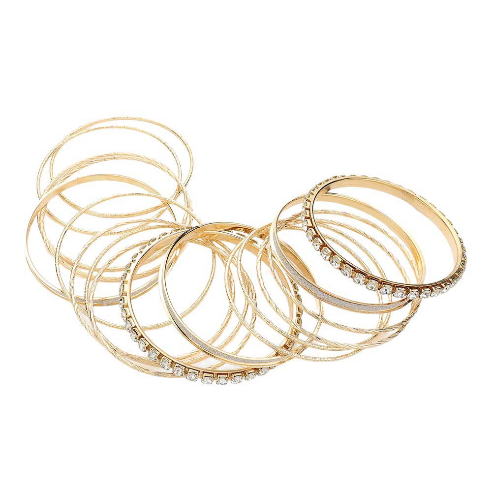 Gold Elevate your style with our 17PCS of beautiful Stone Metal Bangle Bracelets. Each piece is carefully crafted with stunning stones and sturdy metal, radiating elegance and sophistication. Add a touch of glamour to any outfit and make a statement with these unique and versatile bracelets.