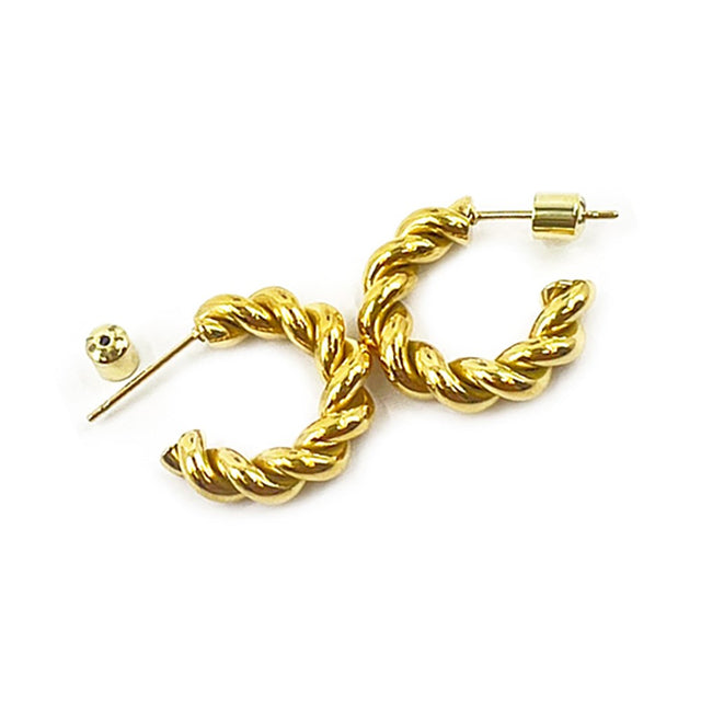 Gold 18K gold dipped stainless steel mini hoop earrings feature a unique twisted design, adding a touch of elegance to any outfit. The durable stainless steel material ensures long-lasting wear. Upgrade your jewellery collection with these stylish hoops.