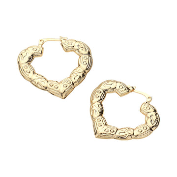 Gold 18K gold-filled hypoallergenic earrings feature a textured heart hoop design and a secure pin catch. Expertly crafted to provide both style and comfort, these earrings are perfect for those with sensitive ears. Elevate your look with these elegant and versatile earrings.