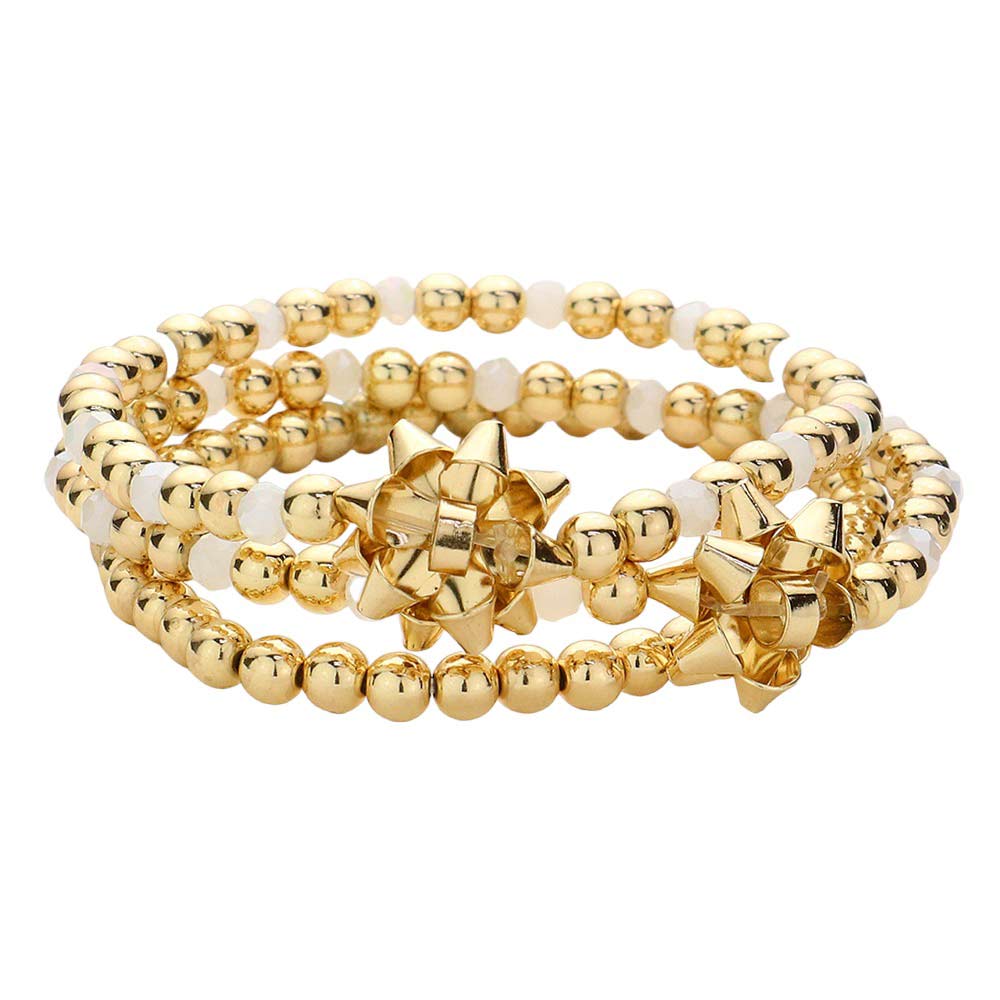 Gold 3PCS Christmas Bow Accented Metal Ball Stretch Bracelet, set is the perfect gift for this holiday season. Each one is crafted with a unique bow design and metal ball accents for a fashionable, eye-catching look. Show your love to your favorite people by giving this Bracelet as a Christmas gift!
