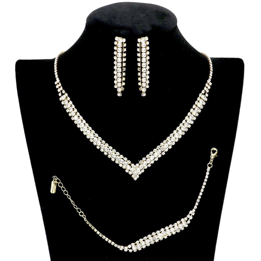 Gold 3PCS Round Stone Detail Rhinestone Necklace Jewelry Set, get ready with this rhinestone jewelry set to receive the best compliments on any special occasion. This classy rhinestone necklace is perfect for parties, weddings, and evenings. Awesome gift for birthdays, anniversaries, Valentine’s Day or any special occasion.