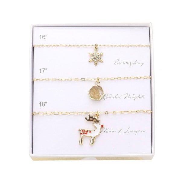 Gold 3PCS Snowflake Natural Stone Rudolph Pendant Necklaces, set is perfect for animal and Christmas lovers. A festive addition to any wardrobe, these necklaces are sure to make a statement this Christmas. Perfect Birthday Gift, Mother's Day Gift, Anniversary Gift, Prom Jewelry, Just Because Gift, Thank you Gift.