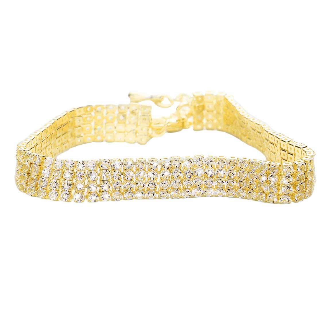 Gold 4 Row Crystal Rhinestone Embellished Tennis Evening Bracelet, These gorgeous Crystal Rhinestone pieces will show your class on any special occasion. These bracelets are perfect for any event whether formal or casual or for going to a party or special occasion. The perfect gift for a birthday, Party, Christmas, etc.