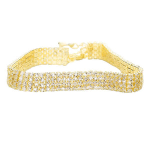 Gold 4 Row Crystal Rhinestone Embellished Tennis Evening Bracelet, These gorgeous Crystal Rhinestone pieces will show your class on any special occasion. These bracelets are perfect for any event whether formal or casual or for going to a party or special occasion. The perfect gift for a birthday, Party, Christmas, etc.