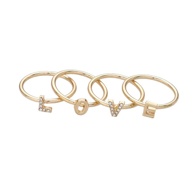 Gold 4PCS - LOVE Rhinestone Embellished Message Rings features the word "LOVE" in a sleek, polished design. Each ring is crafted to deliver a subtle sparkle, making them ideal for layering or wearing alone to add a sophisticated statement to any outfit. Perfect for expressing sentiment through elegant accessories, these rings blend durable craftsmanship with refined aesthetics, suitable for everyday wear or special occasions. 
