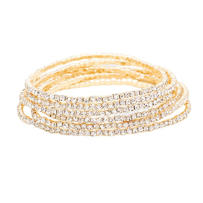 Gold 6PCS - Rhinestone Multi Layered Stretch Evening Bracelets, Perfect for a formal event or adding some glam to your everyday look. The sparkling rhinestones will catch the light and make you shine! Get ready to turn heads and feel confident with each wear. The ideal choice for making a lovely gift to your loved ones.