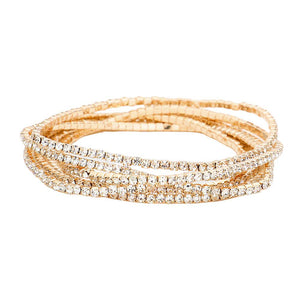 Gold 6PCS - Rhinestone Multi Layered Stretch Evening Bracelets, Perfect for a formal event or adding some glam to your everyday look. The sparkling rhinestones will catch the light and make you shine! Get ready to turn heads and feel confident with each wear. The ideal choice for making a lovely gift to your loved ones.