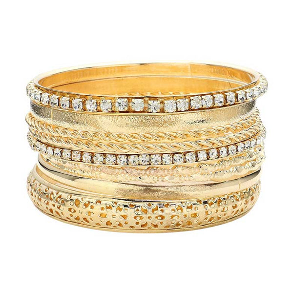 Gold 9PCS Mixed Rhinestone Metal Bangle Bracelets, Add some sparkle and shine to your wrist with these bracelets! These bangles feature a mix of colorful rhinestones and sleek metal for a unique and eye-catching look. Perfect for dressing up any outfit with a touch of glamour. Bring on the bling!