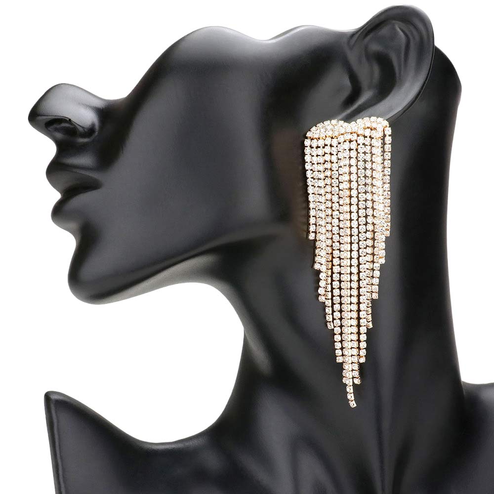 Gold Beautiful Rhinestone Fringe Dangle Evening Earrings, get ready with these rhinestone earrings to receive the best compliments on any special occasion. These classy evening earrings are perfect for parties, Weddings, and Evenings. Awesome gift for birthdays, anniversaries, Valentine’s Day, or any special occasion.