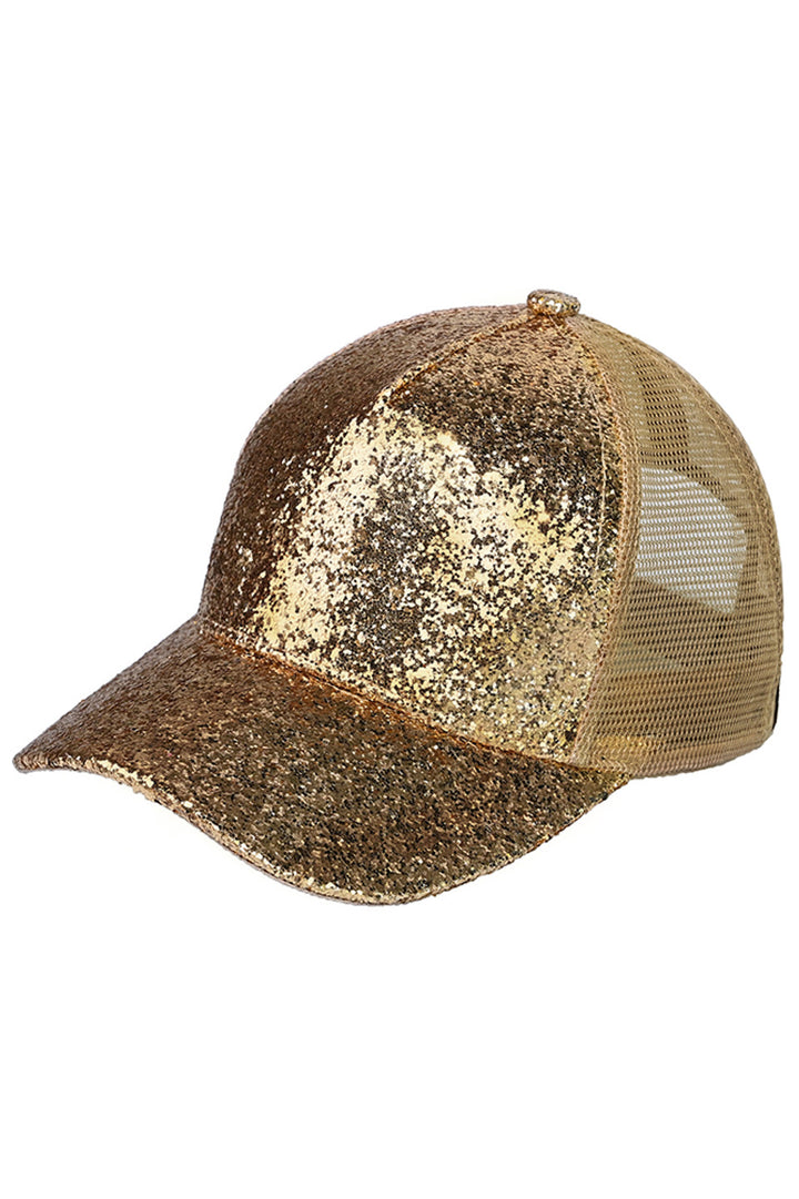 Gold Beige The C.C Glitter Trucker Cap is a stylish and functional accessory for any outdoor enthusiast. With its glitter design and breathable mesh panels, it offers both fashion and comfort. Made from high-quality materials, it is durable and perfect for everyday wear. Show off your sparkle and protect yourself from the sun with this must-have cap