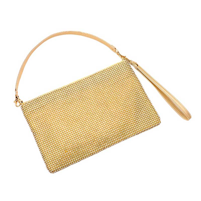 Gold Bling Flat Clutch Crossbody Bag, is perfect for the fashionista on the go. Crafted from high-quality materials, the bag features a chic bling design with a flat clutch and adjustable crossbody strap for hands-free ease. Perfect for special occasions, get ready to sparkle and shine!