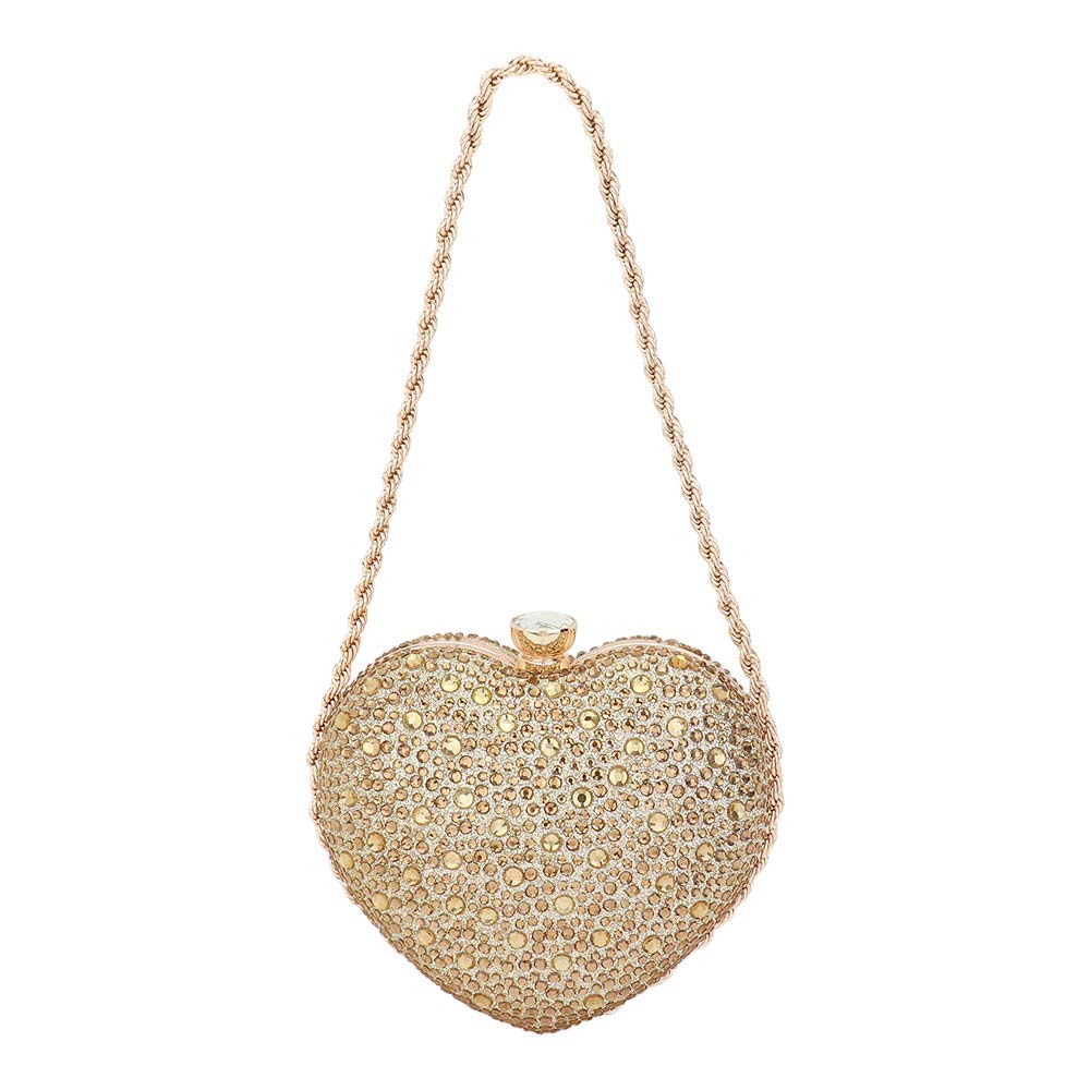 Gold Bling Heart Evening Clutch Bag, adds a touch of glamour to your evening look. With intricate stone detailing in the shape of a heart, this clutch is sure to make a statement. Perfect for special occasions, it also offers a secure clasp closure and a spacious interior. A Perfect Valentine's gift for your loved ones!