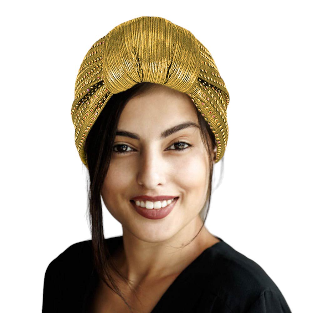 Gold Bling Turban Hat, this stylish hat is sure to turn heads. Crafted using premium materials, the hat features a modern design with sparkling sequins to create an eye-catching look. Perfect for special occasions, this hat is sure to add a touch of glamour to any outfit. Fashionable winter gift idea.