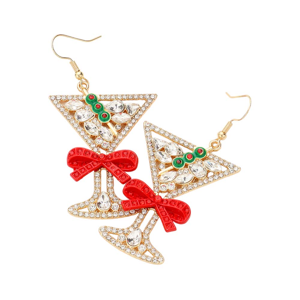 Gold Bow Pointed Christmas Cocktail Dangle Earrings, These Earrings feature classic shapes and colors that evoke the festive spirit of the holiday season. Perfect for Christmas parties and special occasions, these earrings offer a unique look with their pointed bows and fruity-themed cocktail charms.