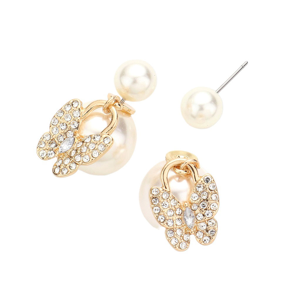 Gold Butterfly Pointed Double Sided Pearl Peekaboo Earrings, are sure to add a beautiful touch to your look! Featuring a double-sided pearl design, these earrings will complete any look! Crafted with quality materials, these earrings will stay looking perfect for a long time which makes them an ideal gift for close persons.