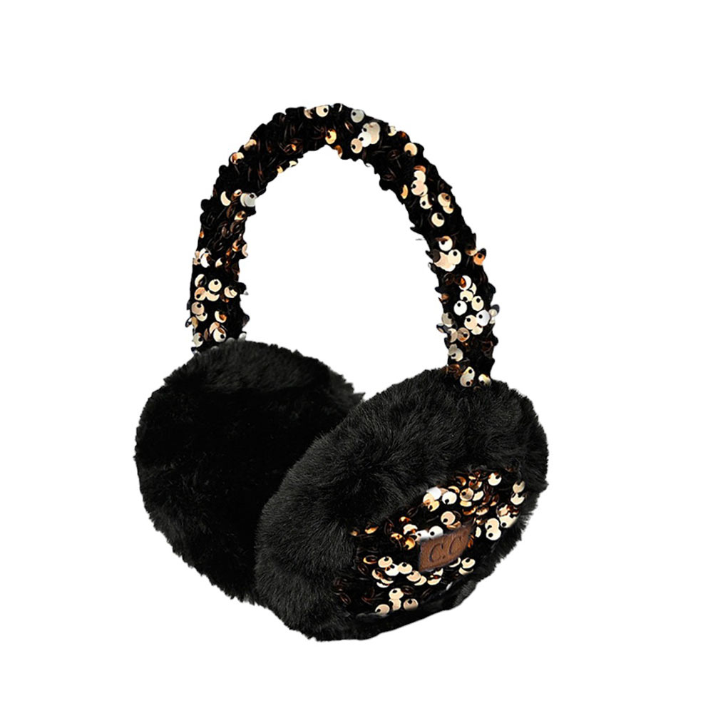 Gold C.C Faux Fur Sequin Earmuff, this earmuff is designed with a faux fur and sequin finish for style and warmth. This is the perfect winter accessory for any occasion or any outdoor activity. It is lightweight and adjustable, offering comfort and superior insulation against cold temperatures. Perfect winter gift choice.
