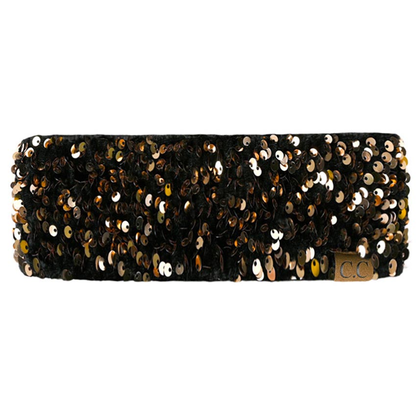 Gold C.C Sequin Headwrap, Look no further than this for a sophisticated, glitzy style. Featuring a sparkling sequin design and stretchy material, this headwrap is comfortable and fashion-forward. Perfect for wearing on any occasion, it will make you different from the crowd. Perfect winter gift idea for fashion-loving ones.