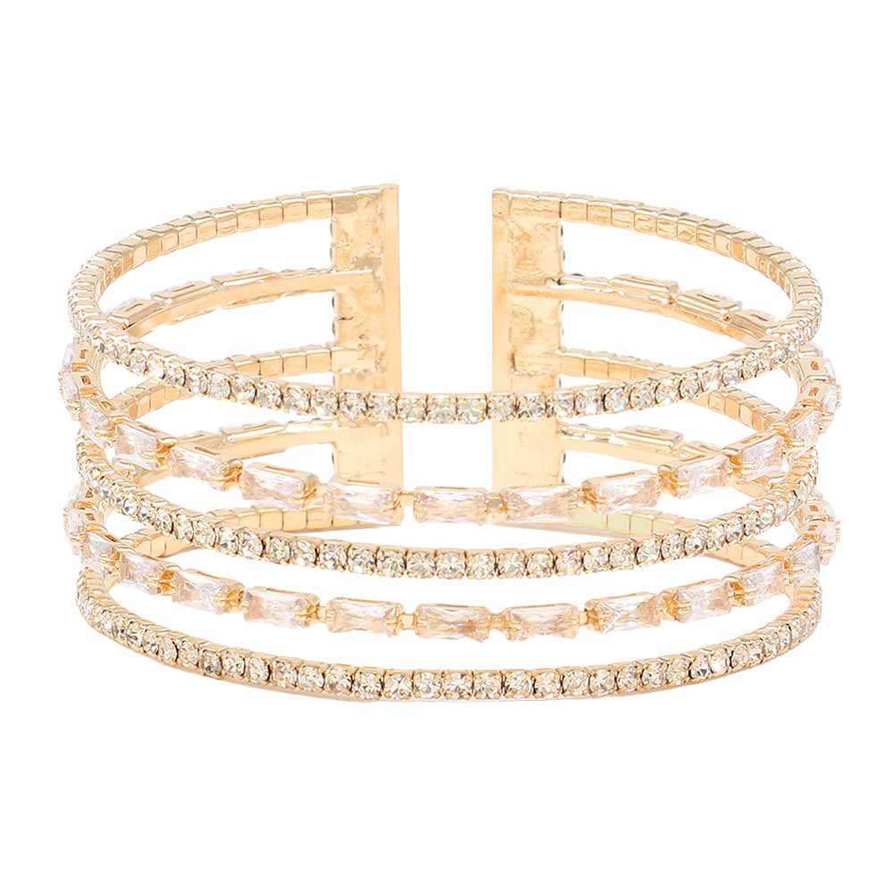Gold CZ Baguette Stone Accented Split Cuff Evening Bracelet, a timeless elegance. The bracelet features a stunning split cuff design set with sparkling CZ baguette stones, creating a delicate and beautiful look. Perfect for special occasions or everyday wear, this bracelet makes a great gift that is sure to elevate any look