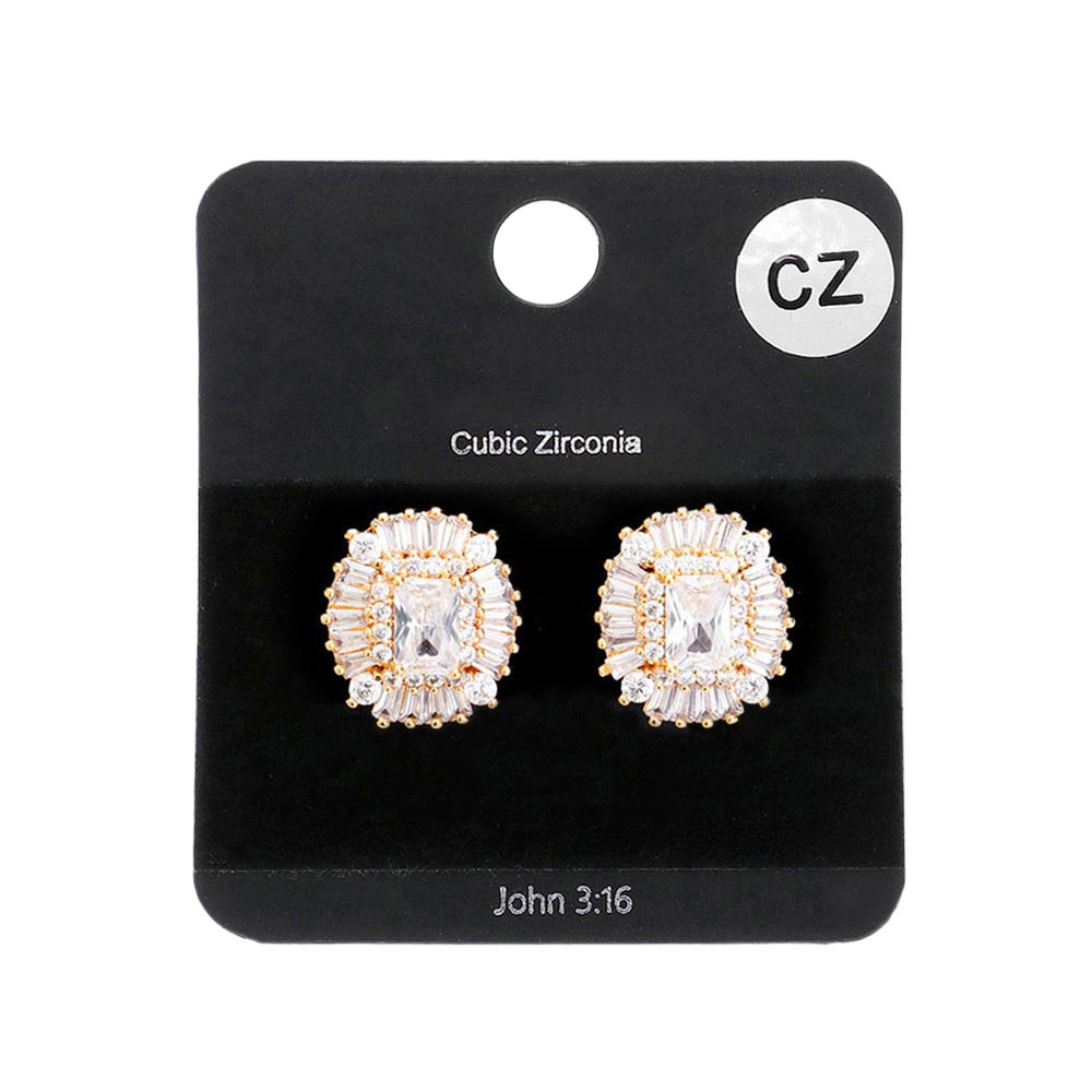 Gold CZ Emerald Cut Stone Centered Evening Stud Earrings, are sure to make a statement. Crafted to perfection, these earrings feature a beautiful emerald-cut stone center that is sure to sparkle and shine. The timeless design adds sophistication to any special look, making it a special gift for any special day.