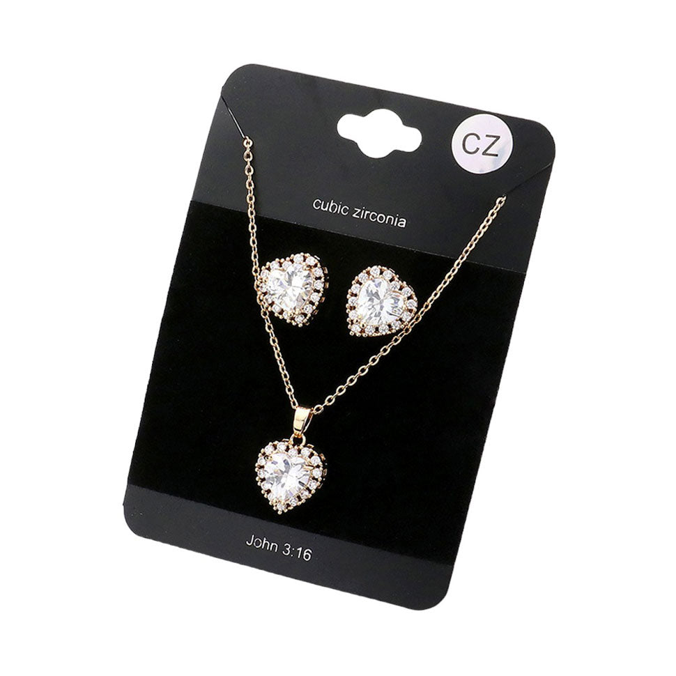 Gold CZ Heart Jewelry Set, this gorgeous jewelry set features a sparkling CZ heart pendant. Crafted to last, this jewelry set will be an elegant addition to any outfit. Gift for birthdays, anniversaries, Mother's Day, Graduation, Prom Jewelry, Just Because, Thank you, or any other meaningful occasion.