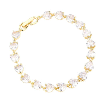 Gold CZ Heart Link Evening Bracelet combines elegance and sophistication with a touch of romance. The sleek design features sparkling CZ heart links, adding a touch of glamour to any evening outfit. Made with high-quality materials, this bracelet is perfect for any special occasion.