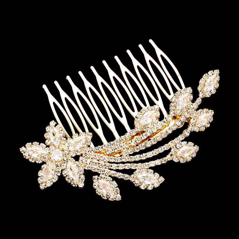 Gold CZ Marquise Stone Accented Flower Hair Comb, features a unique floral design, shimmering cubic zirconia marquise stones. Add a touch of sparkle to your look with this hair comb, perfect for special occasions or everyday wear. An excellent gift item for birthdays, anniversaries, weddings, and other special occasions.