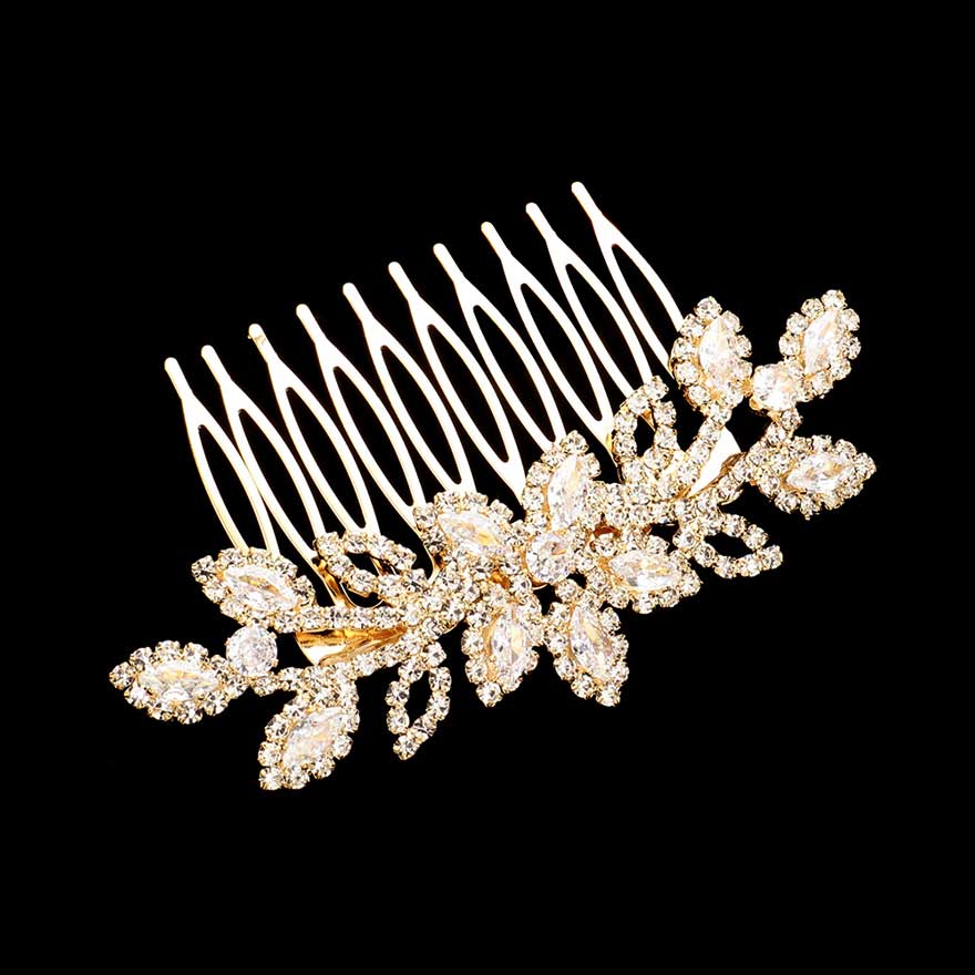 Gold CZ Marquise Stone Accented Flower Hair Comb, features a unique floral design, shimmering cubic zirconia marquise stones. Add a touch of sparkle to your look with this hair comb, perfect for special occasions or everyday wear. An excellent gift item for birthdays, anniversaries, weddings, and other special occasions.