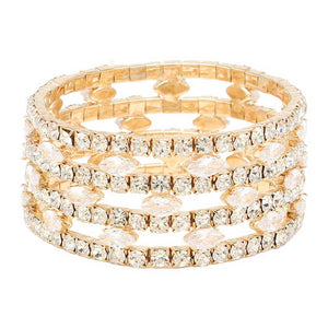 Gold CZ Marquise Stone Accented Stretch Evening Bracelet, features dazzling marquise-shaped Cubic Zirconia accents and a classic stretch design. Crafted from high-quality materials, this bracelet is sure to add a stylish and sophisticated touch to any look making it prefect for any special occasion or as an exquisite gift.