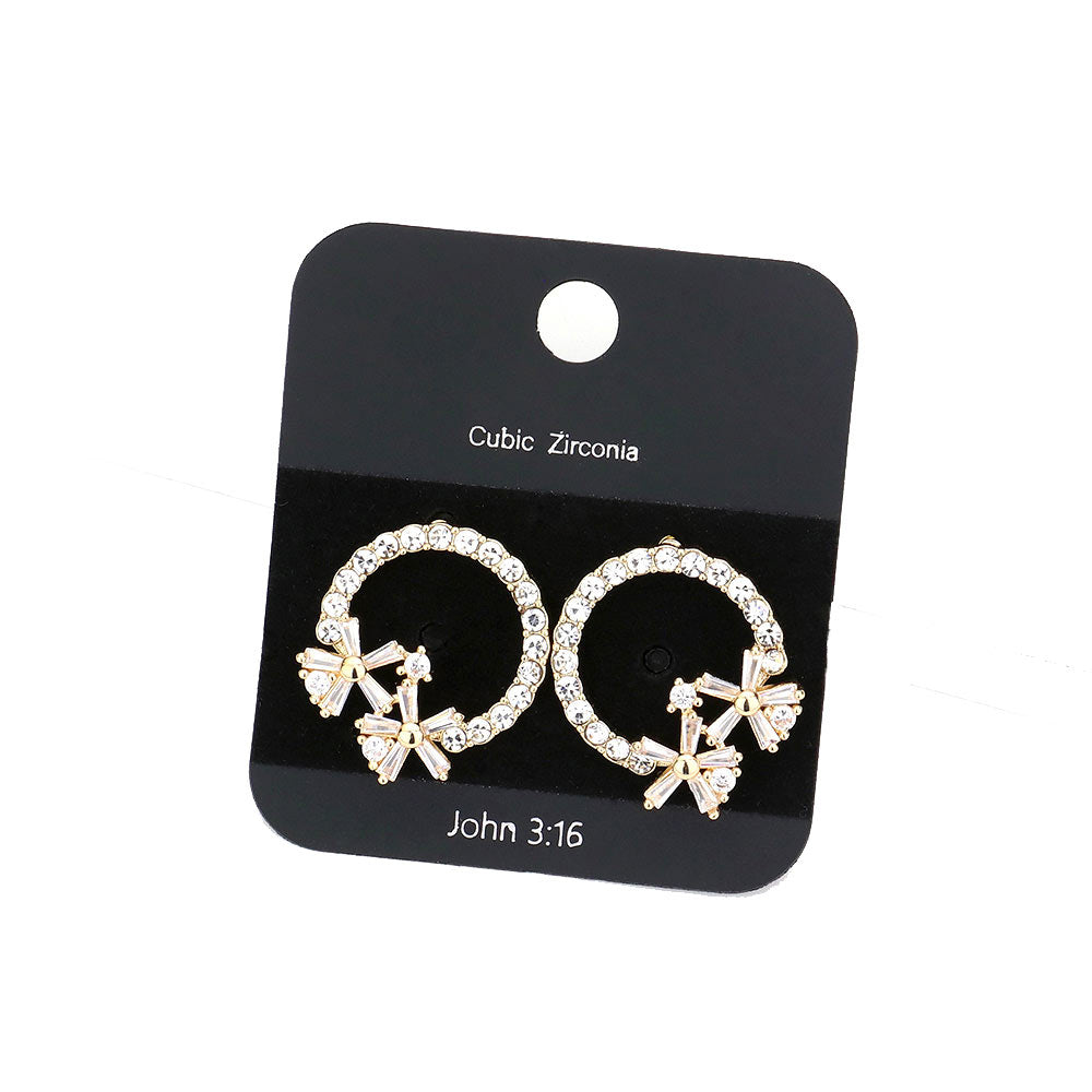 Gold CZ Stone Pave Open Circle Flower Embellished Stud Earrings, bring a touch of elegance to any special occasion. Crafted from premium CZ stones, the pave detailing creates a stunning design, while the open circle flower adds an eye-catching finish. Perfect for gifting to jewelry enthusiast family members and friends.